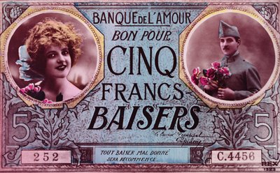 Postkort i form av en kupong for fem kissesfrancs fra Bank of Love, 1914-18 av French School
