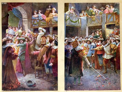 Postkort som viser Cyrano de Bergerac og duellen på Hotel de Bourgogne, ca. 1900 av French School