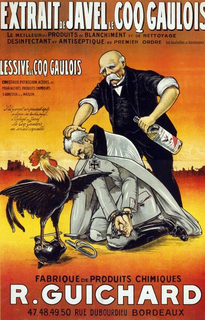 Poster “” Bleach Extract Le Coq Gaulois - the best bleaching and cleaning products - first order disinfectant and antiseptic (in bottles and bottles) - Manufacture de produits chimiques René Guichard”” published in Bordeaux in 1917. av French School