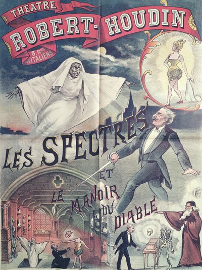 Plakat som reklamerer for spøkelser og djevelens hus på Theatre Robert-Houdin, Paris, ca. 1870 av French School