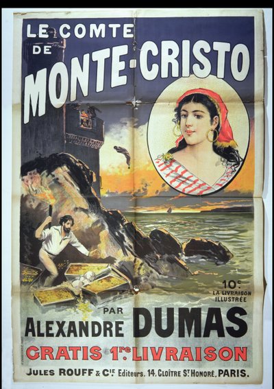 Plakatreklame for greven av Monte Cristo av Alexandre Dumas Pere (1802–70) av French School