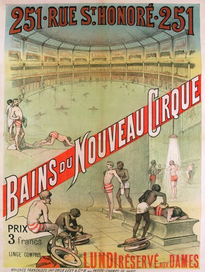 Plakat som reklamerer for #39;Bains du Nouveau Cirque#39;, 251 rue St. Honoré, Paris, sent på 1800-tallet (farge litho) av French School
