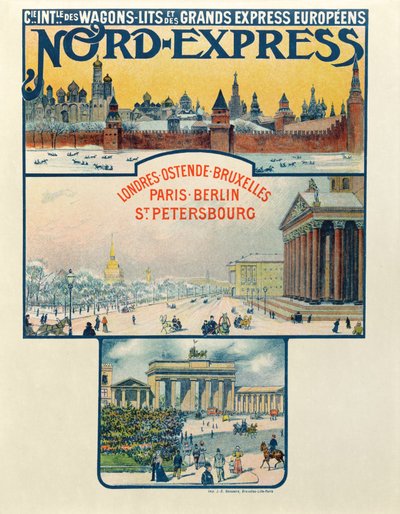 Plakat som reklamerer for Compagnie des Wagons-Lits et des Grands Express Europeens, London til St Petersburg, tidlig på 1900-tallet av French School