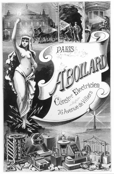 Plakat som reklamerer for Elektrisitetsfeen og de forskjellige brukene av elektrisitet, sent på 1800-tallet av French School