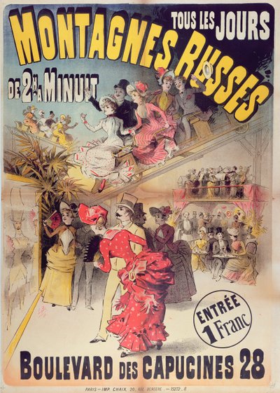 Plakat som reklamerer for Montagnes Russes-berg-og-dal-banen i Boulevard des Capucines, Paris, 1888 av French School