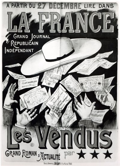 Plakat som reklamerer for romanen Les Vendus som omhandler Panama-affæren, ca. 1892-95 av French School