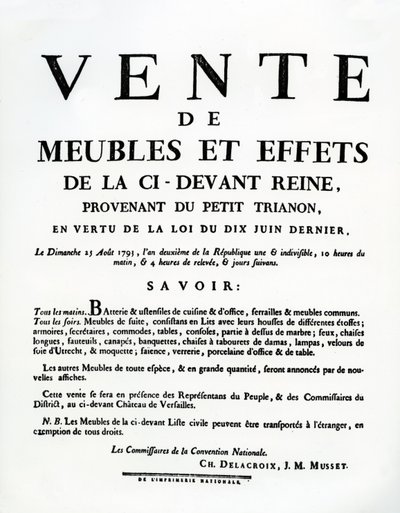 Plakat som annonserer salg av Marie-Antoinettes møbler og effekter 25. august av French School