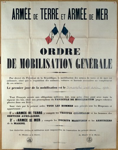 Plakat som kunngjør generell mobilisering i Frankrike, 2. august 1914 av Ministere de la Guerre et de la Marine av French School
