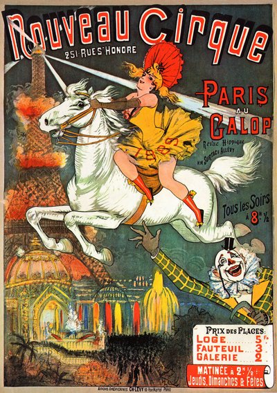 Plakat for et hestemagasin på "" Nouveau Cirque "" på rue saint Honore i Paris av French School