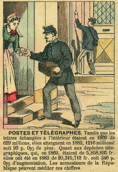 Poster og telegrafer, som illustrerer den gode funksjonen til telekommunikasjon og postkontoret takket være republikken. Gravering, i "" Le Figaro, supplement"", 30.03.1889, Paris. Coll. Selva. av French School