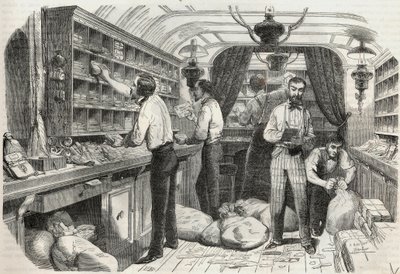 Innlegg: interiør i det mobile kontoret - Gravering i "Tableau-de-Paris" av Edmond Texier 1852 av French School