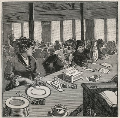Keramikk: maleverksted på porselen på 1800-tallet i Frankrike. Gravering fra 1880 i "" Les arts et metiers illustres"" av Adolphe BITARD. av French School
