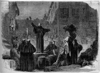 Predicator giving his sermon in the street of Toledo in Naples, Italy av French School
