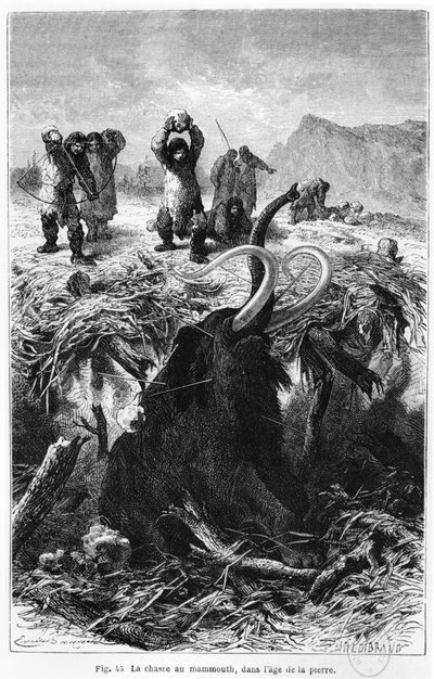Forhistoriske menn som jakter en mammut, illustrasjon fra LHomme primitif av Louis Figuier, utgitt Hachette, Paris, 1870 av French School