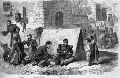 Forberedelse av "" popote"" (måltid) til 1. regiment av grenaderer fra den franske imperiale garde under Risorgimento. Fra venstre til høyre: en "potter", en "kjeksknuser" og en "kaffetrakter". Cavriana, Italia av French School