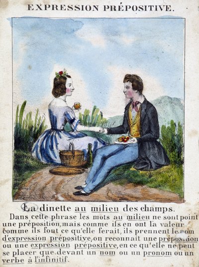 Prepositivt uttrykk (Dinetten i midten av feltene) - grammatikkbok i bilder, ca 1850 av French School