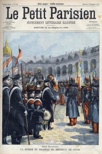 Presentasjon av flagget til Regiment of China av general Faure Biguet (Faure-Biguet) til general Arnoux guvernør ved Invalides i Paris, i "Le petit Parisien"" 1901 (gravering) av French School