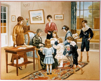 En eldre kvinne gir gaver til barna på en internatskole av French School