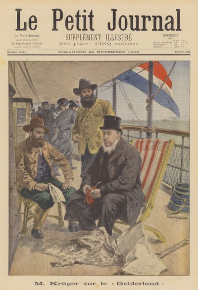 President Kruger av Transvaal seiler i eksil om bord på det nederlandske skipet Gelderland (farge litho) av French School