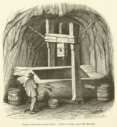 Vinpresse hulet ut av en trestamme (gravering) av French School