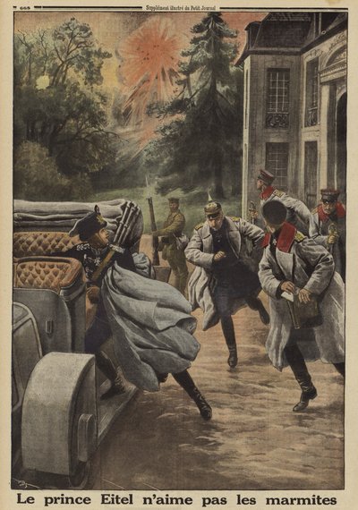 Prins Eitel Friedrich av Preussen, andre sønn av keiser Wilhelm II av Tyskland, flykter i panikk da hovedkvarteret hans på Chateau de Temple-la Fosse blir utsatt for fransk artilleribombardement under slaget ved Somme, første verdenskrig av French School