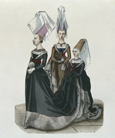 Prinsesse og ventedamer i 1470, gravert av Gautier av French School