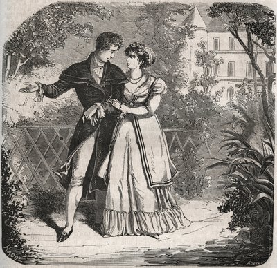 Prinsesse av Wales Carolina av Brunswick (1768-1821) på tur med sin elsker, Bartolomeo Bergami. Gravering fra 1871 i «Histoire Des Cocus Celebres»» av Henry de Kock (1819-1892). av French School