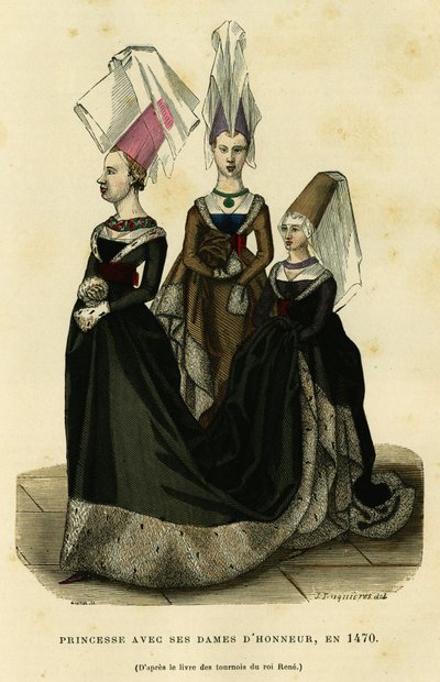Prinsesse med sine æresdamer, rundt 1470. Fargegravering etter boken om kong Renés turneringer, i «France et les francais a travers les siecles» av Augustin Challamel, F.Roy-redaktør, Paris 1882. Selva-samlingen. av French School