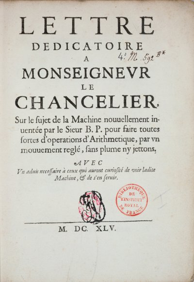 Trykt dedikasjonsbrev om oppfinnelsen av regnemaskinen av Blaise Pascal (1623-62) 1645 av French School