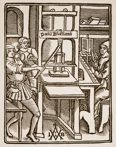 Trykkeri, tittelside til Hegesippus, trykt av Jodocus Badius Ascensius, Paris, 1511 (sepia-foto) av French School