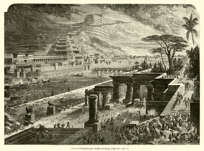 Erobring av Babylon av Kyros hær (gravering) av French School