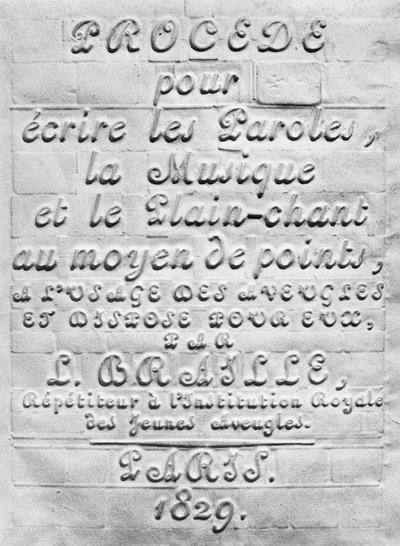 Prosess for å skrive ord, musikk og vanlig sang ved hjelp av prikker, for bruk av blinde og arrangert for dem av Louis Braille, 1829 av French School