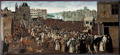 Prosesjon av ligaen på Place de Greve som forlater Arcade of Saint Jean i Paris Maleri av Ecole francaise. 1590 søn. 1x2,12 m Paris, Musee Carnavalet - Procession of the League på Place de Greve forlater Arcade St. Jean i Paris. Maling av av French School