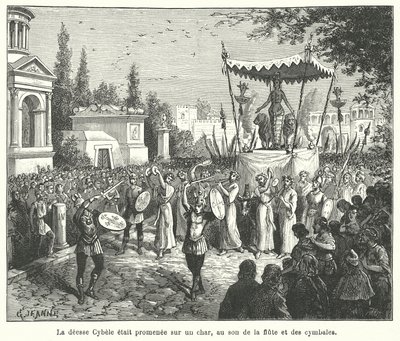 Prosesjon av vognen til den romerske gudinnen Cybele, innledet av pipere og cymbalspillere (gravering) av French School