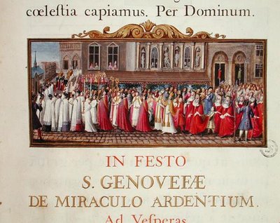 Prosesjon av relikvieskrinet til St. Genevieve, fra et manuskript til en messe dedikert til St. Genevieve av French School