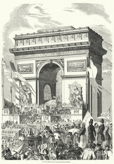 Prosesjon som passerer foran den franske provisoriske regjeringen ved Triumfbuen, Paris av French School