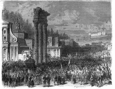 Proclamation of the Roman Republic in 1798. (Proclamation della repubblica romana nel 1878) Engraving in “Histoire des Papes-King-Queen-and-Empereurs a travers les centuries” by Maurice Lachatre av French School