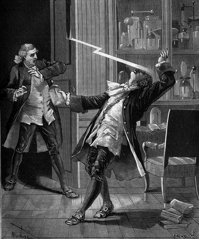 Professor Georges Guillaume Richmann (1711-1753) døde i verkstedet sitt etter et eksperiment med et elektrometer av French School