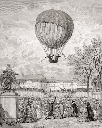 Professor Jacques Charles og Nicolas-Louis Robert flyr verdens første bemannede hydrogenballong 1. desember 1783 i Tuilleries Gardens, Paris, fra 
