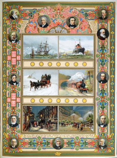 Fremgang under dronning Victorias regjeringstid (1819-1901). Seilskip, dampskip, damptog og gass og elektrisk gatebelysning, 1887 av French School