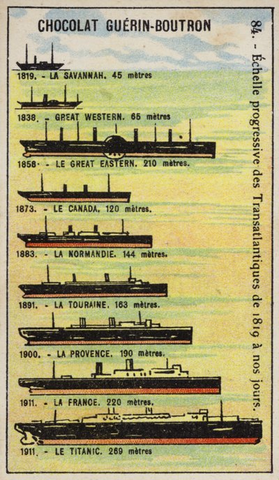 Progressiv økning i størrelsen på transatlantiske skip fra 1819 til 1911 (chromolitho) av French School