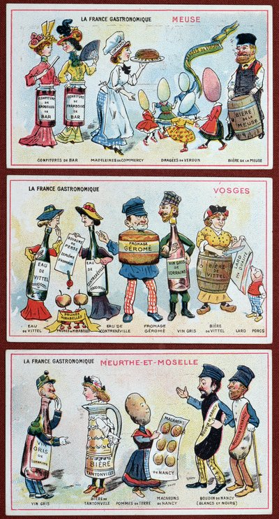Salgsfremmende og pedagogiske kort for barn som viser matspesialiteter fra Lorraine-regionen, ca. 1910 av French School