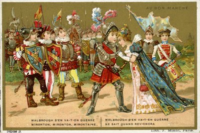 Kampanjekort for det parisiske varehuset Au Bon Marché, som viser en av de mest populære folke- og barnesangene på det franske språket, Marlbrough sen va-t-en guerre (Marlborough har forlatt av French School
