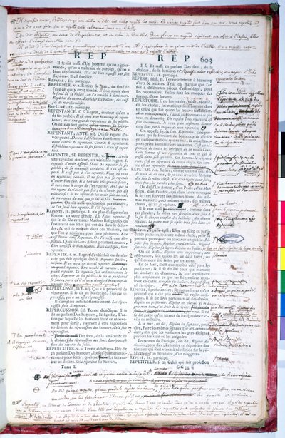 Korrekturside med rettelser av en utgave av French Academy-ordboken (blekk på papir) (se også 179945) av French School