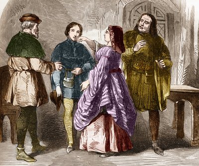 Prostitusjonsscene i Paris på slutten av middelalderen. Inngravering i "Prostitusjonens og utskeielsens historie blant alle verdens folkeslag fra antikken til i dag" av Dr. Th. -F. Debray. 1879. av French School