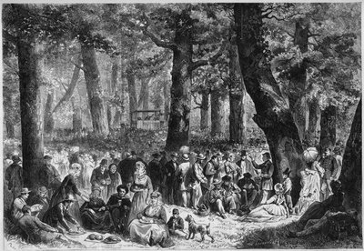 Protestantisk skikk: "zendingsfeest" eller misjonsfestivalen holdt i Holland. Pelerins spiser under prediktorens tale. Gravering i "" Le Monde Illustré"" nr. 853 av 16. august 1873. av French School