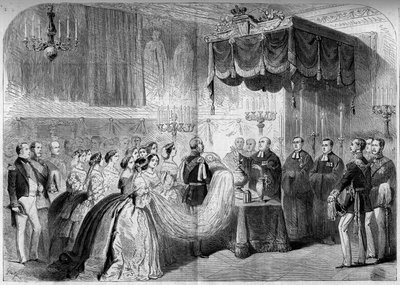 Protestantisk ritual: dåp av prins Frederic Guillaume Victor Albert av Preussen (som ble Vilhelm II, konge av Preussen og keiser av Tyskland av French School