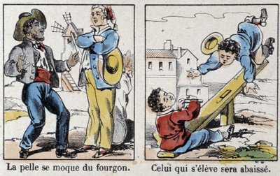 Ordtak i bildet av Epinal: "" spaden spotter varebilen"", "" Den som reiser seg, vil bli senket"" av French School