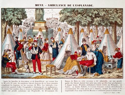 Den prøyssiske krigen: en ambulanse installert på esplanaden for å behandle de sårede i 1870 i Metz (gravering) av French School