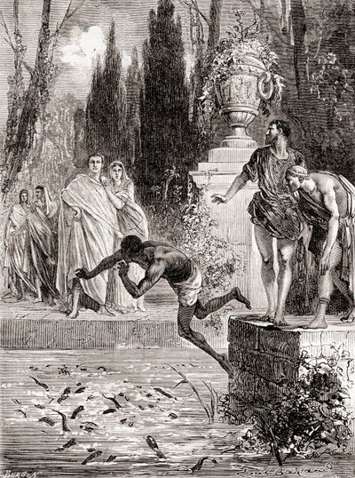 Publius Vedius Pollio, romersk rytter, mater en slave til sine lamprey-ål, fra Les Merveilles de la Science, utgitt ca. 1870 av French School
